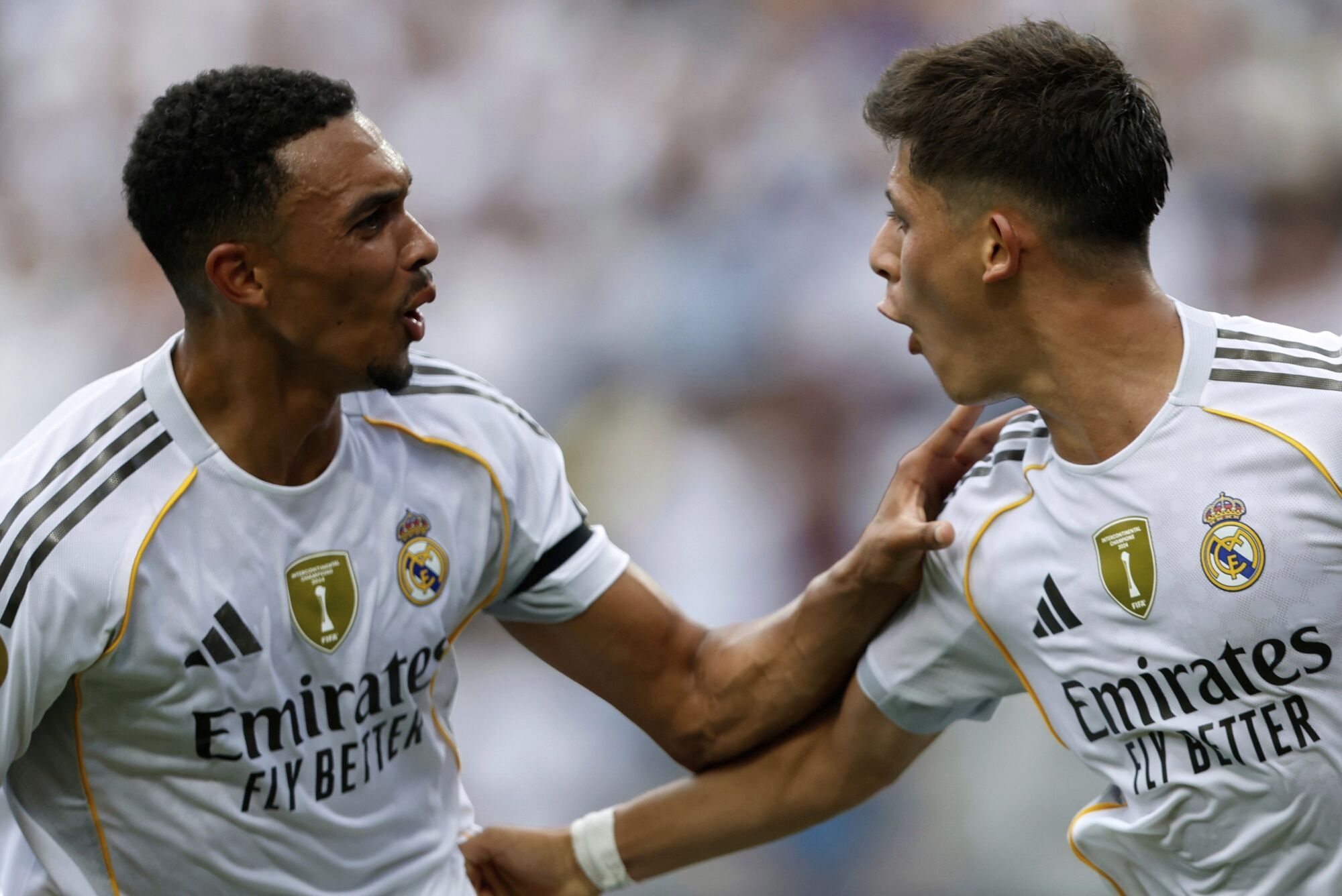 Real Madrid's Arda Guler, right, and Real Madrid's Trent Alexander-Arnold celebrate after a goal during the Club World Cup Group H soccer match between Real Madrid and CF Pachuca in Charlotte, N.C., Sunday, June 22, 2025. (AP Photo/Nell Redmond)