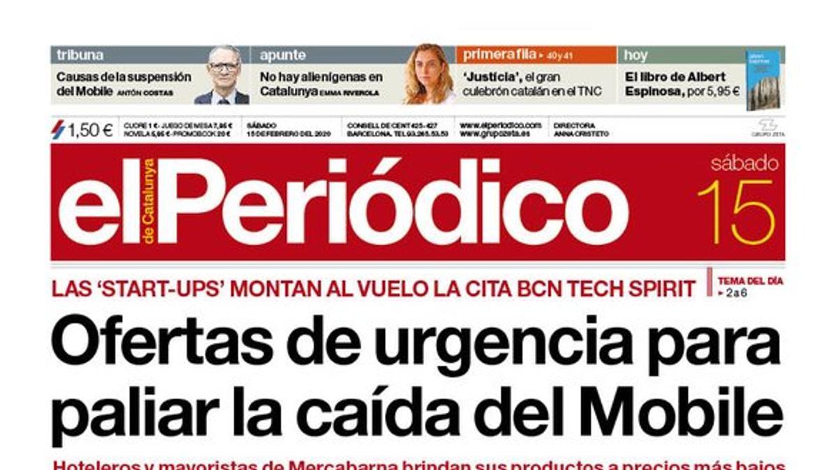 La portada de EL PERIÓDICO del 15 de febrero del 2020