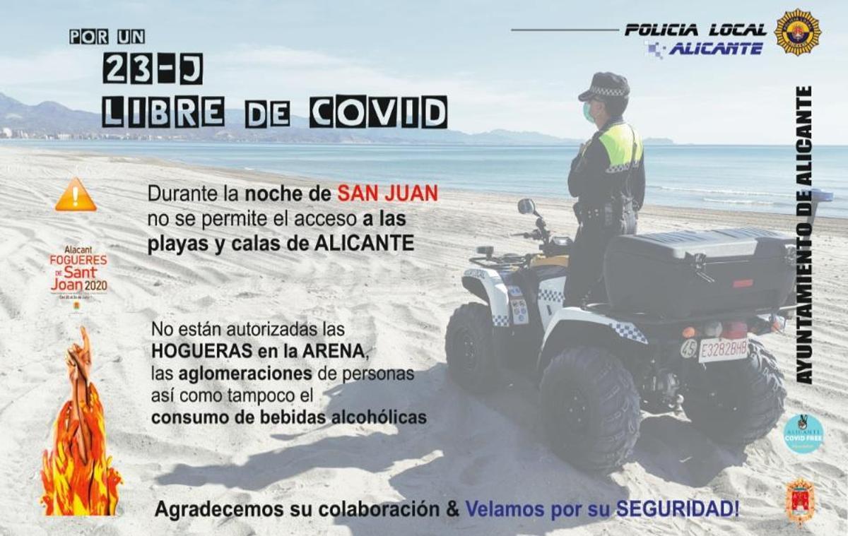 Cartel informativo del Ayuntamiento con la prohibición de las hogueras de la playa