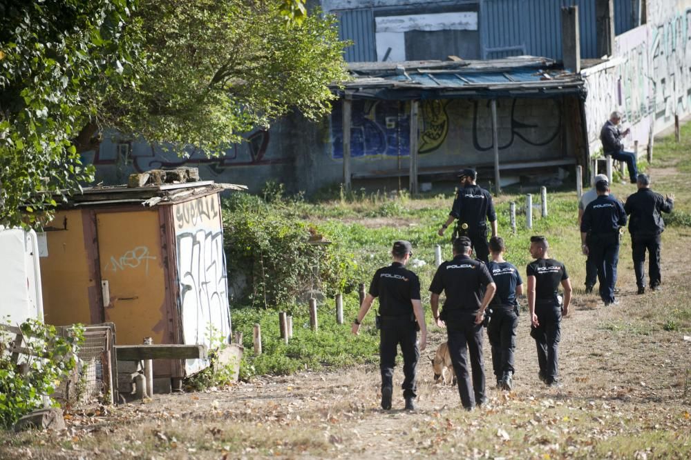 Agentes del Cuerpo Nacional de Policía, miembros de Protección Civil y voluntarios efectuan una batida por la zona de Eirís para intentar localizar restos de José Luis Fernández Ibáñez.