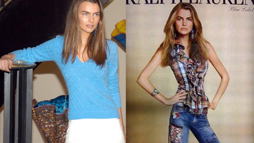 A la derecha, la modelo Filippa Hamilton, de 23 años, en una presentación de Ralph Lauren en 2004 en Madrid. A la izquierda, la polémica campaña publicitaria que Ralph Lauren difundió con su imagen.