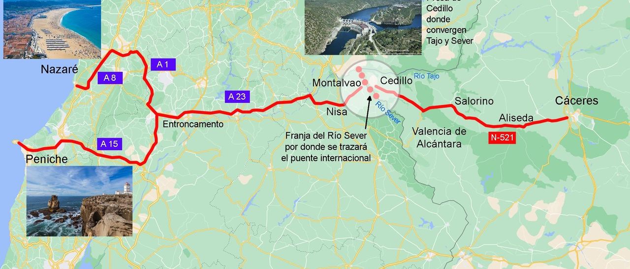 Este gráfico ilustra la ubicación del futuro viaducto internacional sobre el río Sever y cómo supondrá una salida directa hacia la autovía lusa A-23, que conduce a las playas del país vecino.