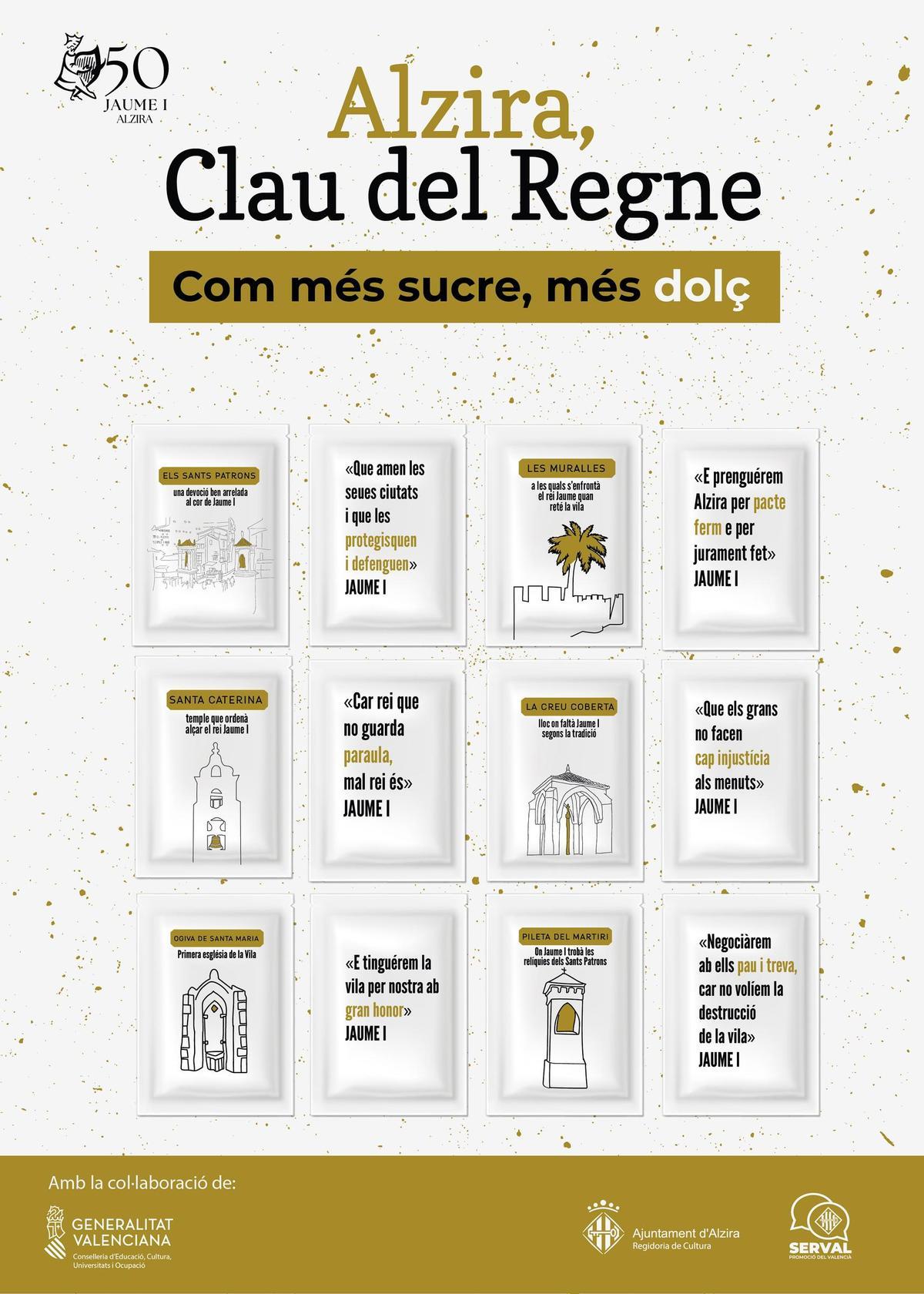 Mensajes e imágenes de los sobres de azúcar que el ayuntamiento repartirá este año.
