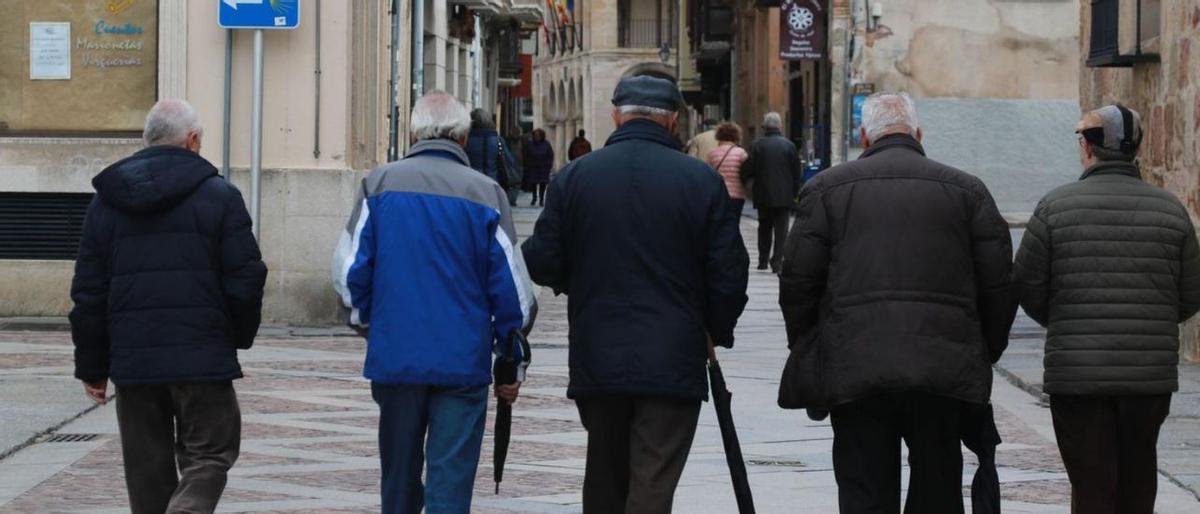 Un grupo de pensionistas camina por la plaza de Viriato de Zamora.