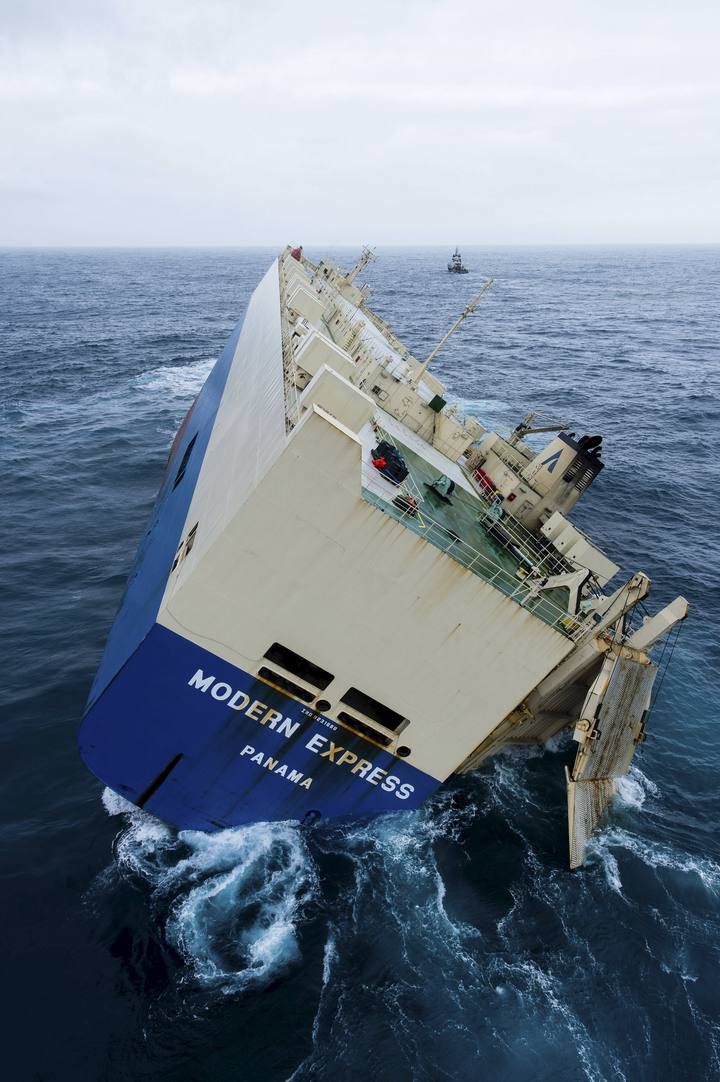 Handout picture provided by France's Marine Nationale shows the "Modern Express", a cargo ship that started listing heavily to one side in the Atlantic Ocean off France