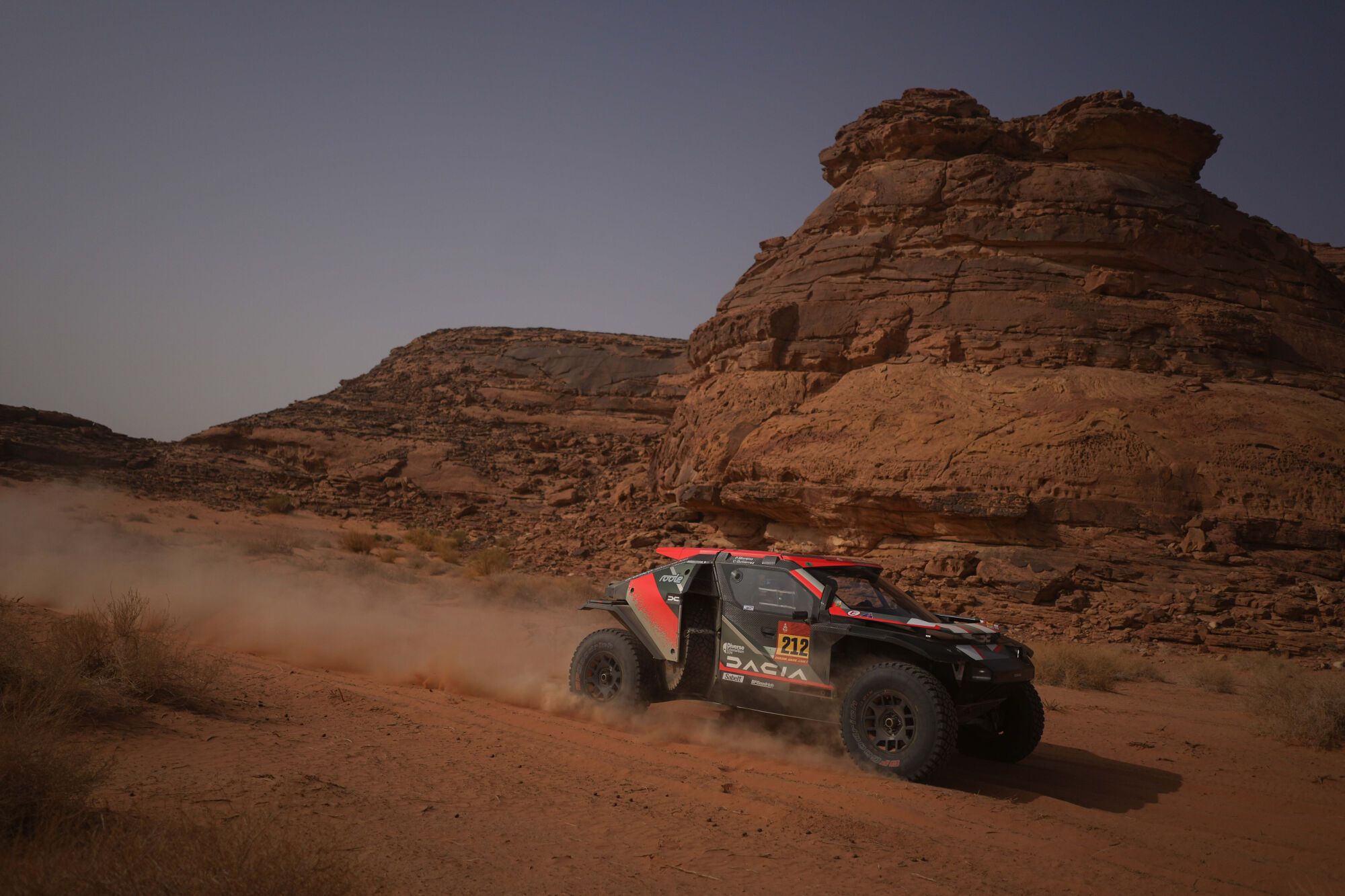 Driver Cristina Gutierrez and co-driver Pablo Moreno compete during the third stage of the Dakar Rally with a start and finish in Alula, Saudi Arabia, Tuesday, Jan. 6, 2026. (AP Photo/Thibault Camus)