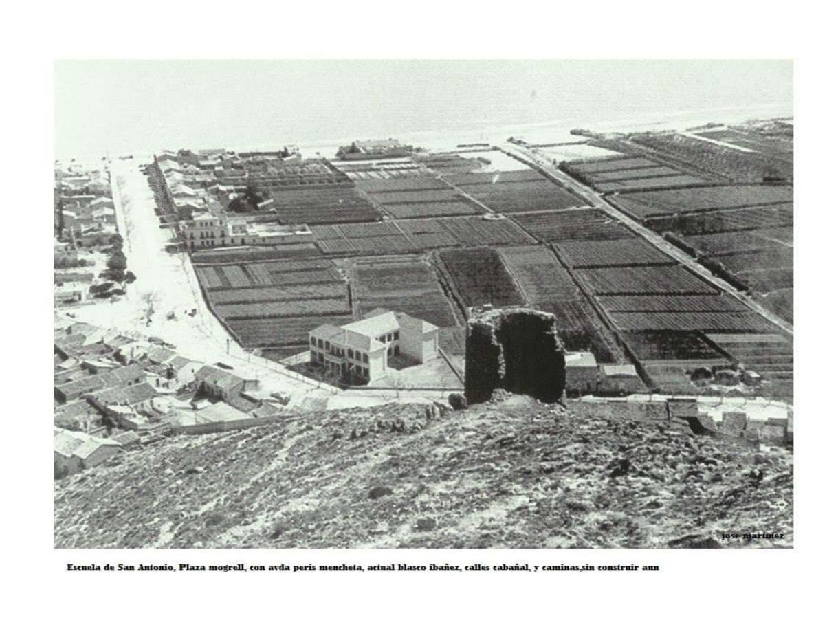 La Escuela de San Antonio y la plaza Mongrell en primer plano y la avenida Blasco Ibáñez al fondo.