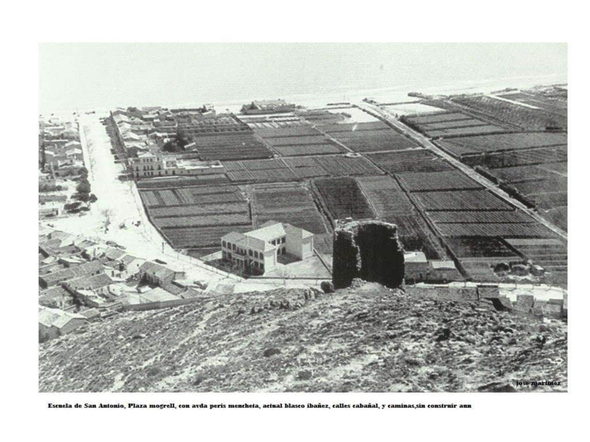 La Escuela de San Antonio y la plaza Mongrell en primer plano y la avenida Blasco Ibáñez al fondo.jpg