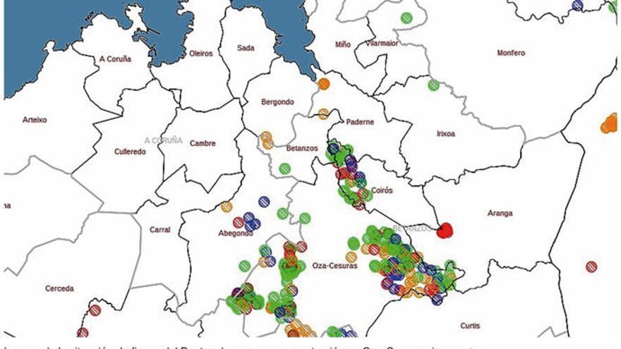 Situación de fincas del Bantegal, con gran concentración en Oza-Cesuras.