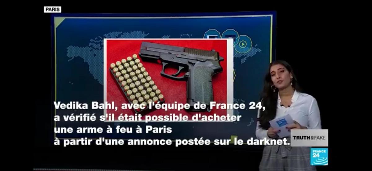 Fotograma de un vídeo ruso emitido en redes sociales suplantando al canal France24, para contar que es muy fácil comprar armas en internet