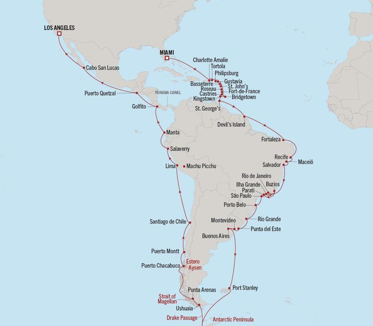 Mapa del itinerario Miami-Los Ángeles, una travesía de 71 noches que recorrerá el Caribe, Brasil, Argentina, Chile y Perú a bordo de Oceania Aurelia.