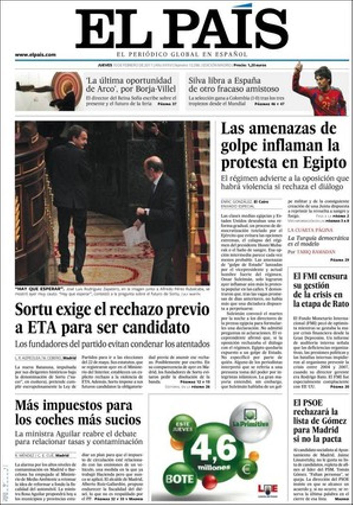 ’El País’ destaca a més que Zapatero nega que hagi rectificat sobre el deute autonòmic i que hagi donat privilegis a Catalunya, i que Mas-Colell negocia endeutar-se amb la banca després d’aconseguir el permís del Parlament. Que la baralla per la presidència del BCE s’obre amb la possible retirada d’Axel Weber, president del Bundesbank, i que el 25% del frau fiscal que va localitzar Hisenda el 2010 era de grans empreses. També que la Generalitat diu ara que s’ha de reduir el trànsit dins de Barcelona, i que Yamaha es va emportar a Holanda 70 milions de la planta de Palau abans d’anunciar el seu tancament.