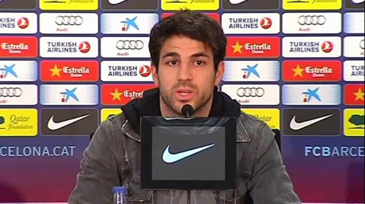 El centrecampista del FC Barcelona, Cesc Fàbregas, durant la roda de premsa d’avui al Camp Nou.