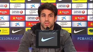 El centrecampista del FC Barcelona, Cesc Fàbregas, durant la roda de premsa d’avui al Camp Nou.