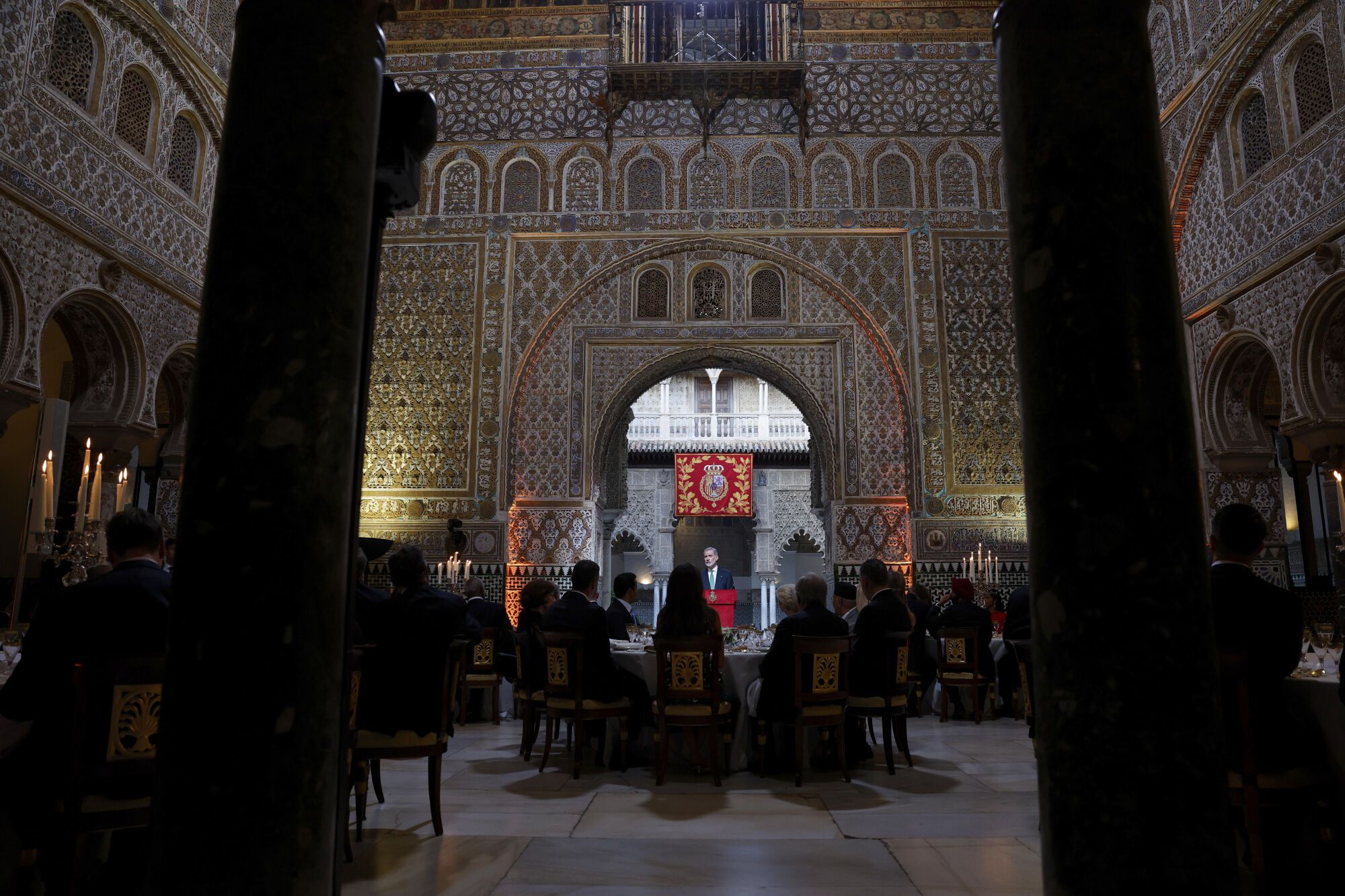 Spain's King Felipe VI delivers a speech at a gala dinner on the eve of the U.N. financing for development conference in Seville, Spain, Sunday, June 29, 2025. (Mariscal/Pool Photo via AP). EDITORIAL USE ONLY/ONLY ITALY AND SPAIN
