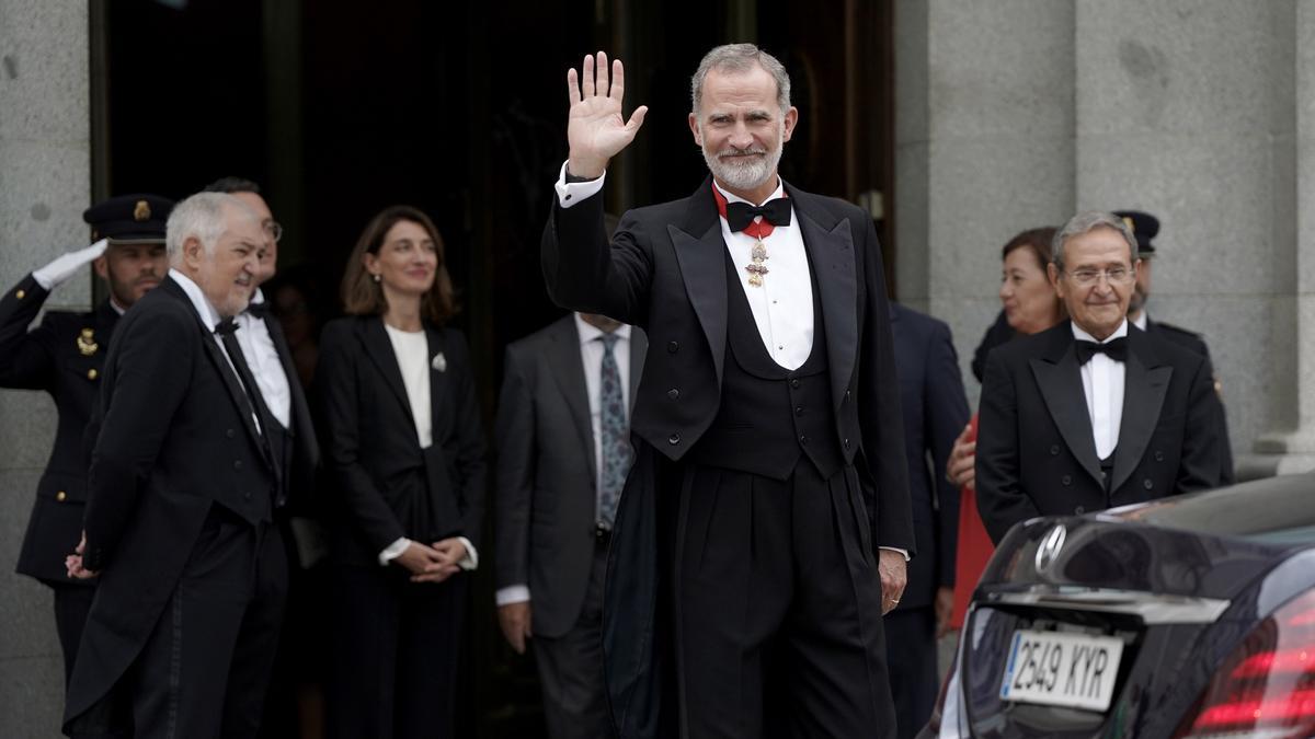 Madrid. 07.09.2023. El rey Felipe VI junto al presidente del Tribunal Supremo Francisco Marín, Conde Pumpido y Pilar Llop, ministra en funciones de Justicia, al finalizar el acto de apertura del año judicial, en el Tribunal Supremo