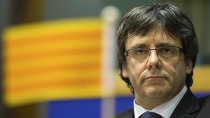 Puigdemont, durante su comparecencia en el Parlamento Europeo.