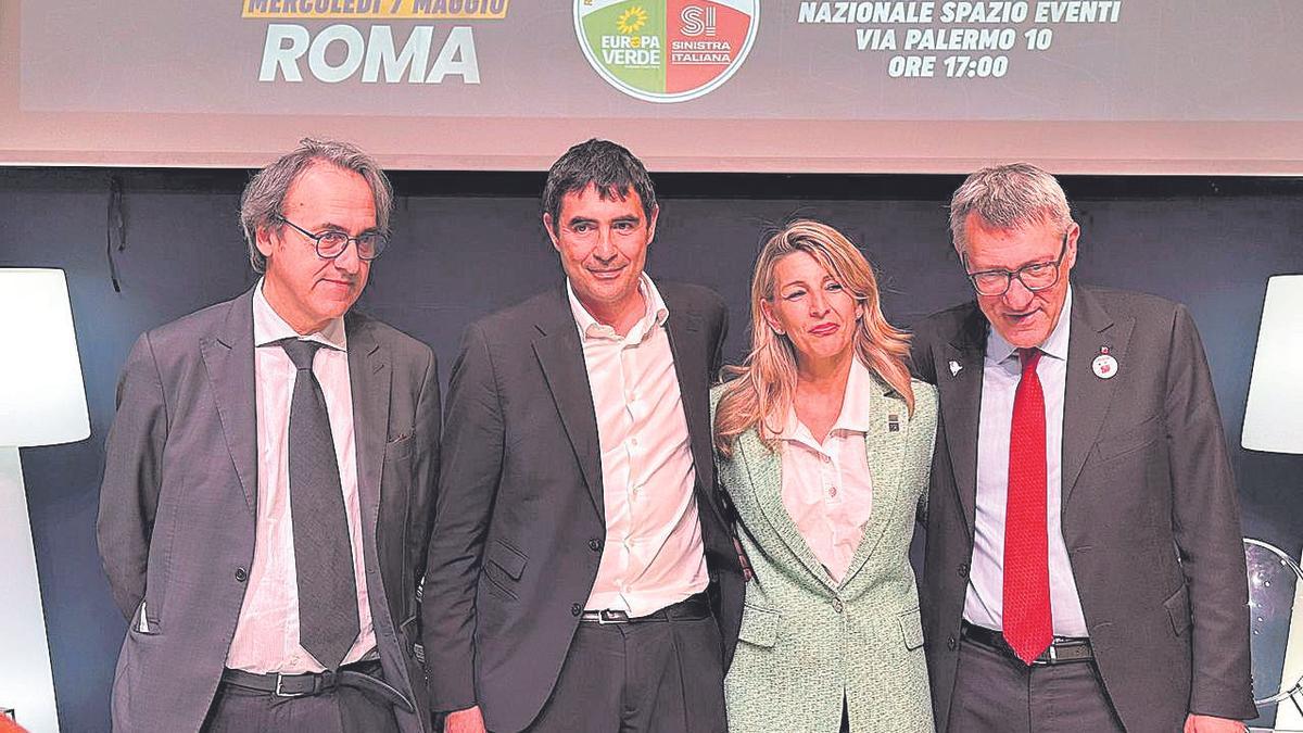 Yolanda Díaz, junto a Angelo Bonelli, Nicola Fratoianni y Maurizio Landini (de izq. a dcha.).