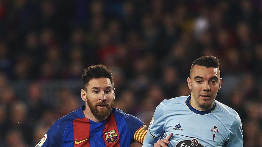 Aspas y Messi, en el reciente partido del Camp Nou. // Efe