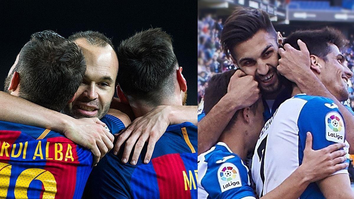 Canteranos del Barça (Alba, Iniesta y Messi) y del Espanyol (Moreno, Navarro y Melendo) celebrando goles. Canteranos del Barça (Alba, Iniesta y Messi) y del Espanyol (Moreno, Navarro y Melendo) celebrando goles.