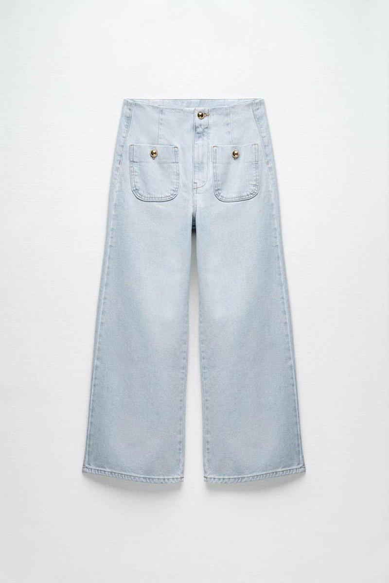 Jeans Wide Leg Cropped Botones Dorados Zara
