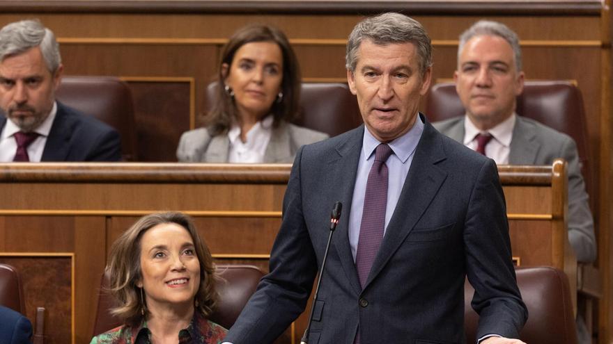 La secretaria general del PP, Cuca Gamarra, y el presidente del PP, Alberto Núñez Feijóo, durante el pleno del Congreso.