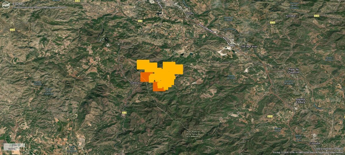 Imagen de la NASA del incendio de la Calderona. Los puntos naranjas son los puntos activos más recientes.