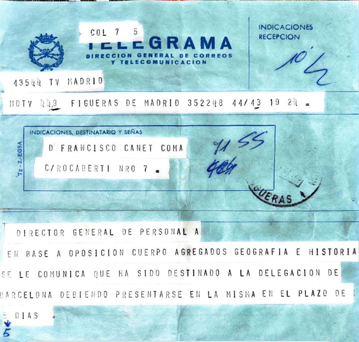 El telegrama amb l'ordre taxativa d'incorporació en cinc dies