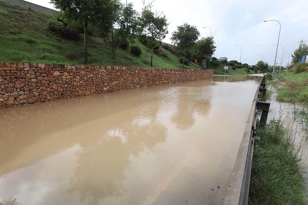 Rotonda de Pacha y Suministros Ibiza y torrente a su paso por Puig d'en Valls.