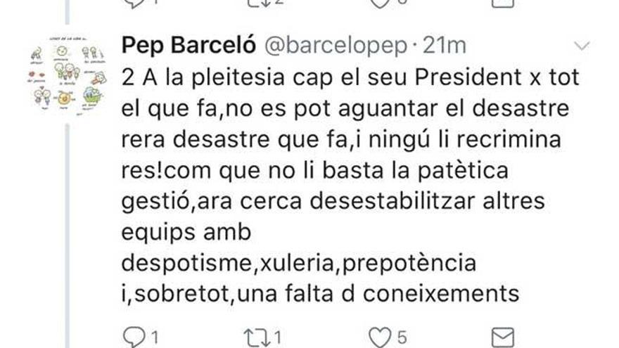 Uno de los tuits que escribió ayer Barceló.