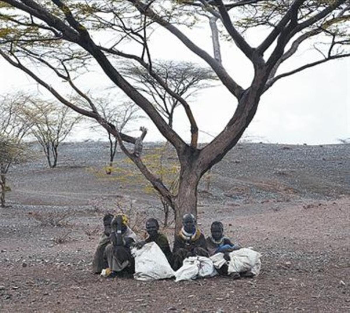 Cinc pastors de Turkana (Kenya) esperen una ració de menjar.