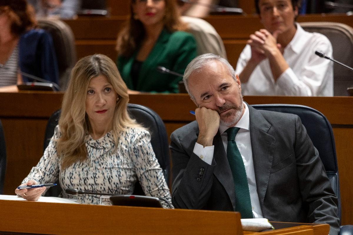 Mar Vaquero y Jorge Azcón, durante el debate sobre el estado de la comunidad, este jueves.