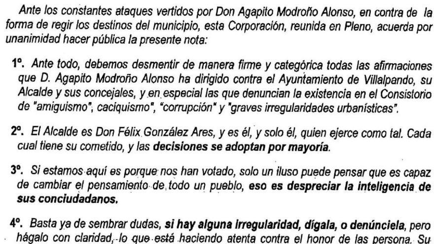 Texto íntegro del acuerdo plenario adoptado por toda la Corporación.