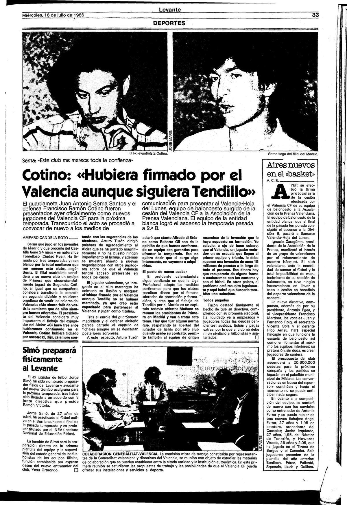 El artículo de Levante-EMV en el que se anuncia el nacimiento del Valencia Basket en 1986.