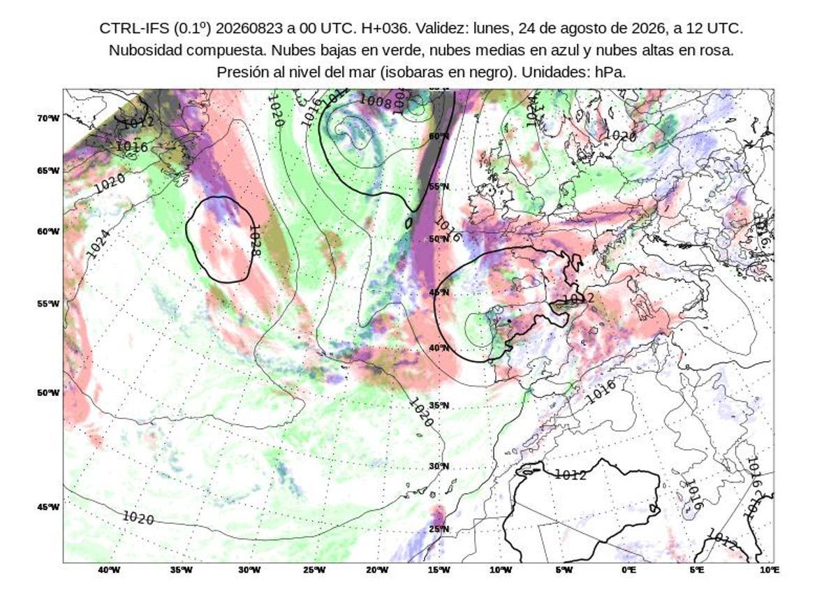 Mapa atmosférico elaborado por la Aemet para hoy lunes, 24 de agosto.