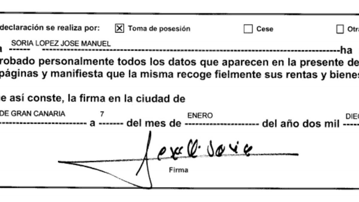 Firma de José Manuel Soria en la declaración de bienes que presentó en el Congreso.