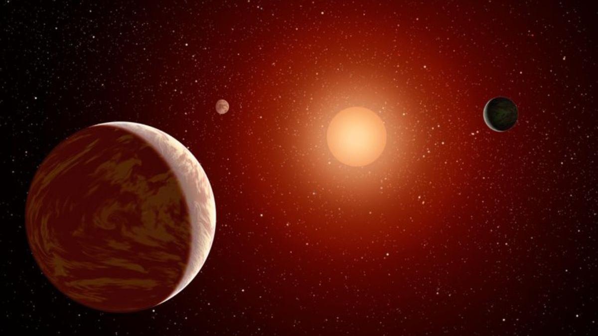 Recreación artística de un sistema planetario enano M, donde es más probable que se detecte bromuro de metilo.