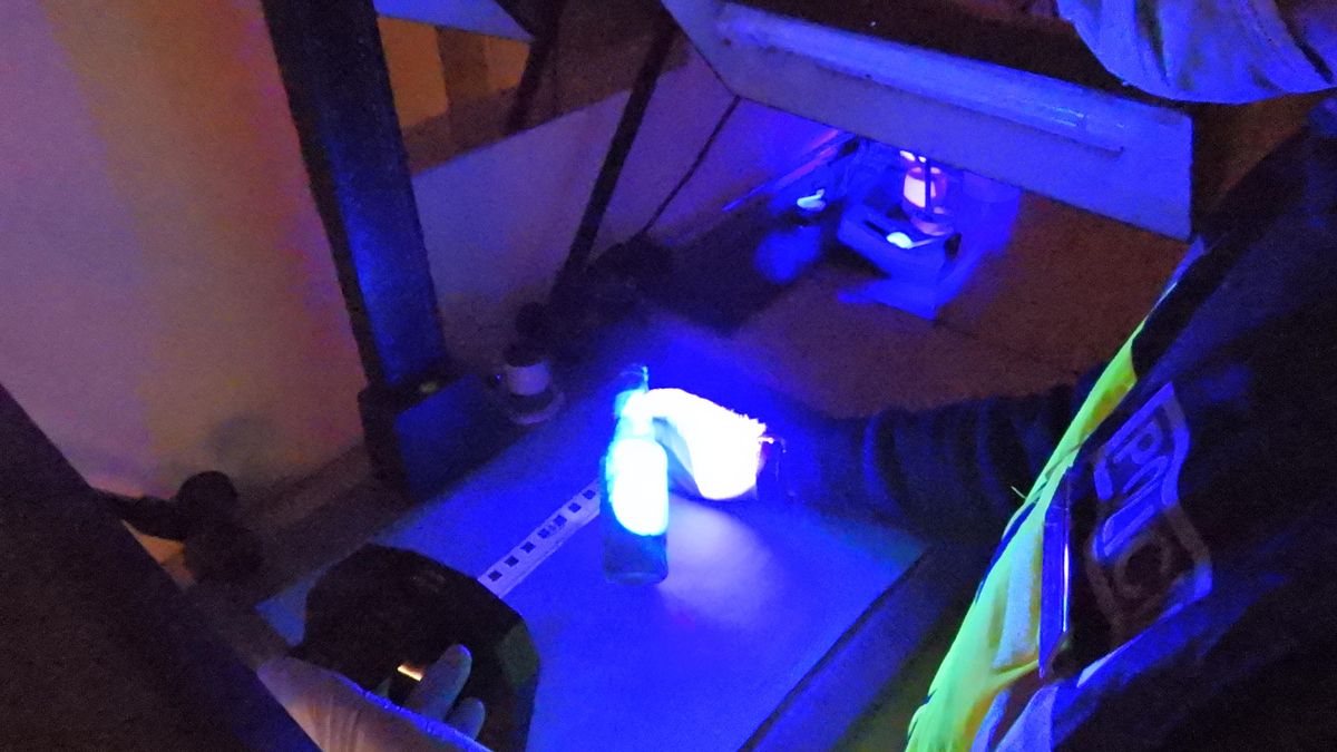Un policía examina una botella bajo la luz forense. // F. CASANOVA