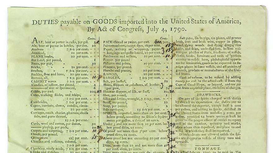 Documento de precios e impuestos a las importaciones de los Estados Unidos en 1790.