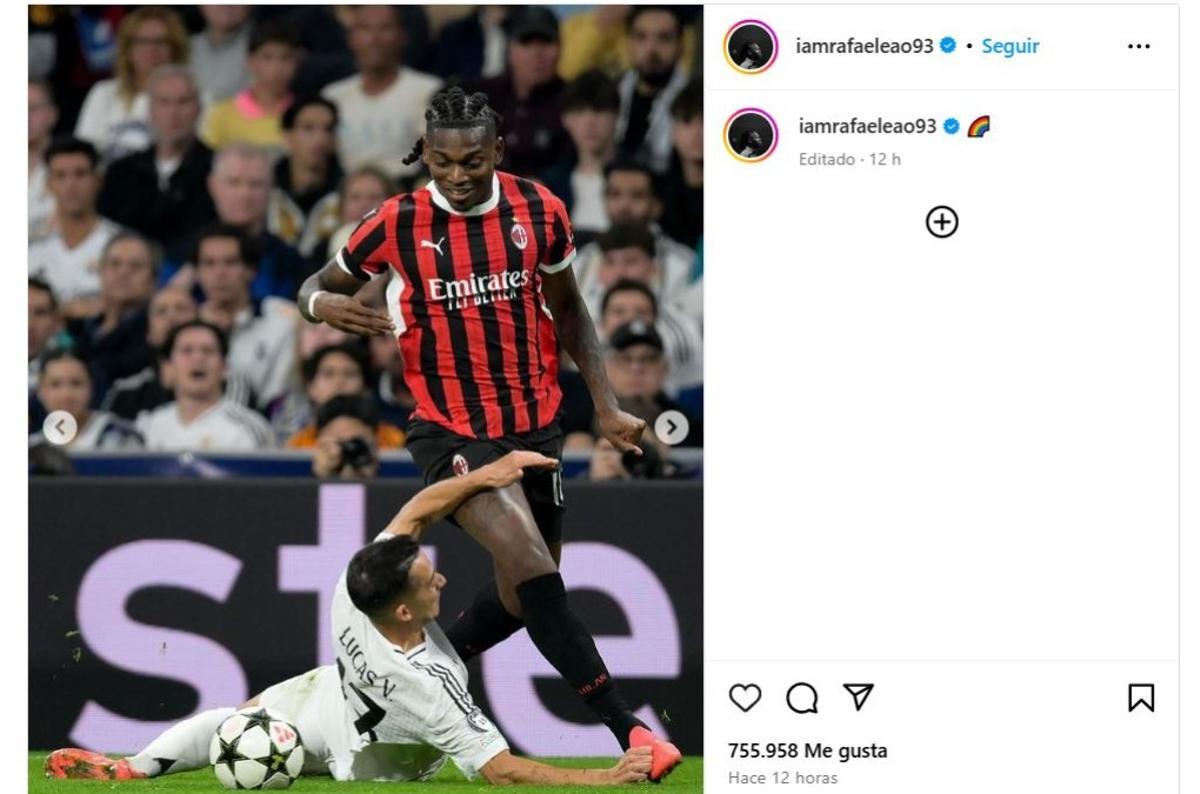 Publicación de Instagram de Rafael Leao durante el encuentro ante el Real Madrid de la UEFA Champions League