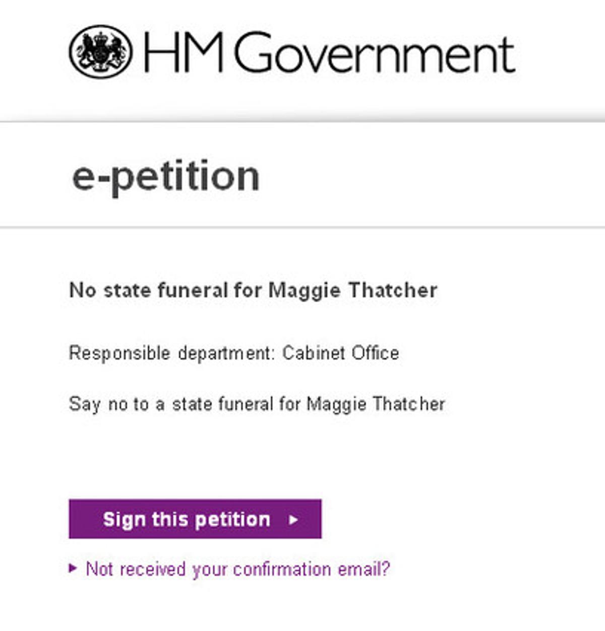 Una petición en la web del Gobierno británico reclama que no se haga un funeral de Estado para Margaret Thatcher