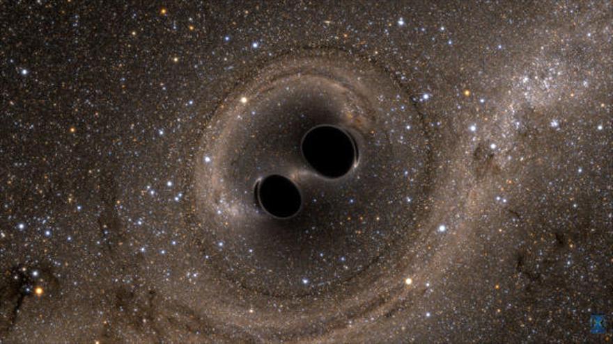 Simulación de dos agujeros negros instantes antes de colisionar y fusionarse entre ellos. Equipo XSX.