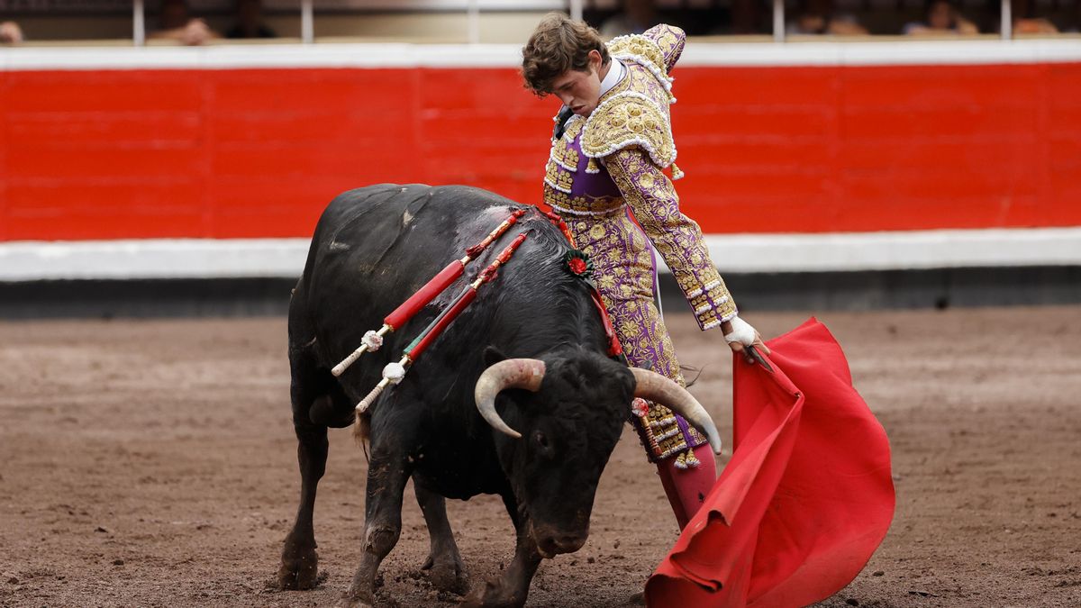 Jorge Martínez, durante su último toro de la novillada de este lunes en la feria de Bilbao.