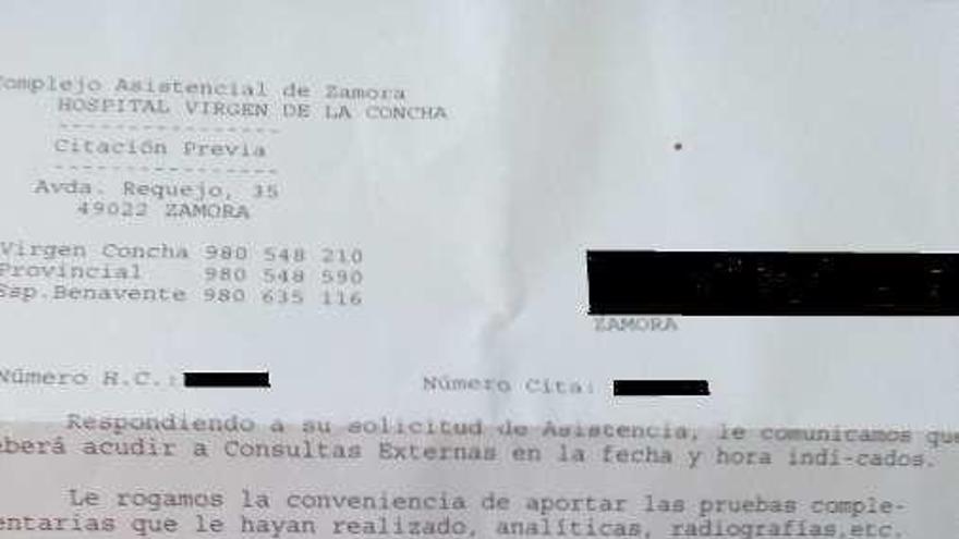 Carta recibida por un paciente.