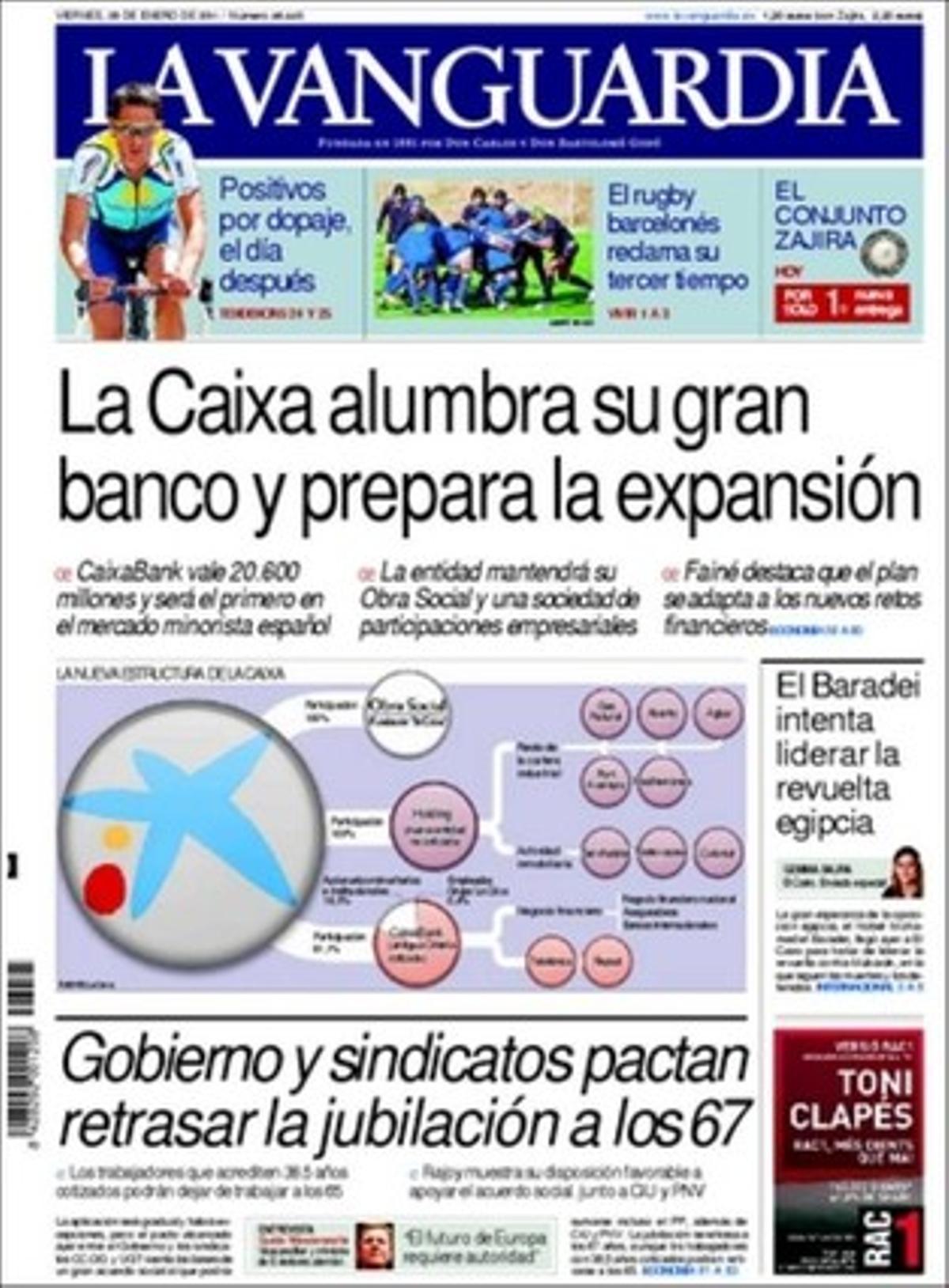 ’La Vanguardia’ destaca també a l’interior que el pla de sortida de José Luis Rodríguez Zapatero remou el PSOE i augura un revulsiu electoral; que el PP recorrerà al Tribunal Constitucional perquè els municipis puguin endeutar-se, i que les televisions privades denunciaran les públiques per la licitació de la Champions.