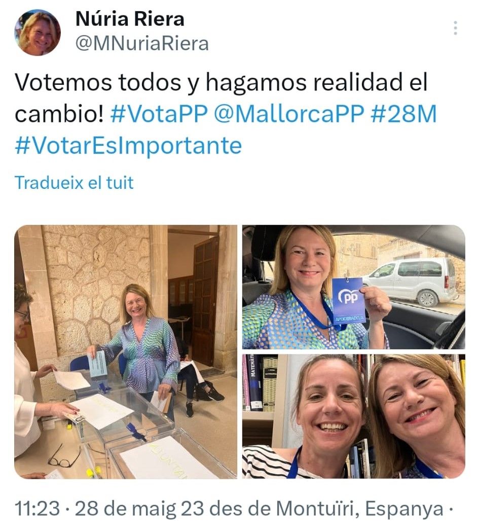 Núria Riera pide el voto y borra el tuit poco después