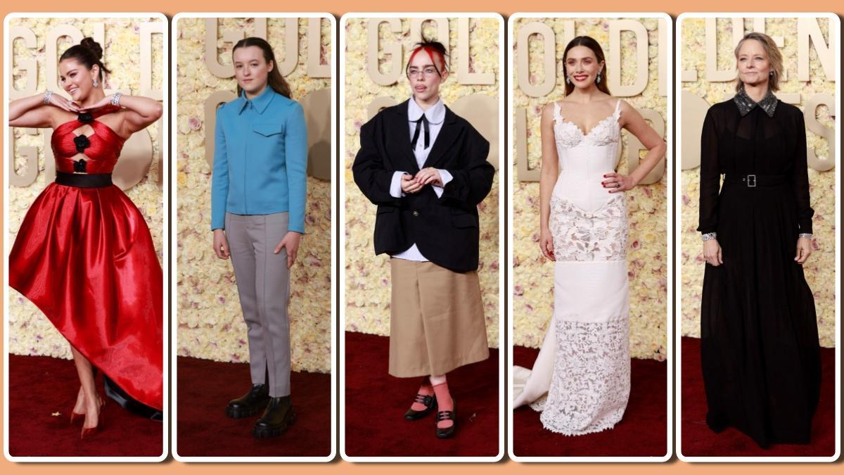 De izquierda a derecha, Selena Gomez, Bella Ramsey, Billie Eilish, Elizabeth Olsen y Jodie Foster, con sus comentados 'looks'.