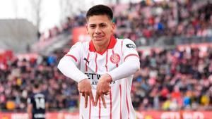 Girona Claudio Echeverri celebrates after scoring a goal against Athletic Bilbao during their LaLiga soccer match held at Montilivi stadium in Girona. EFE/ Siu Wu