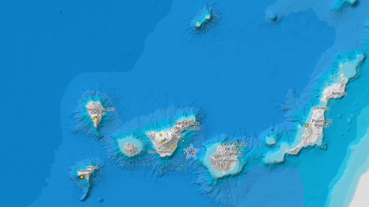 Localización del último terremoto localizado entre Tenerife y Gran Canaria.