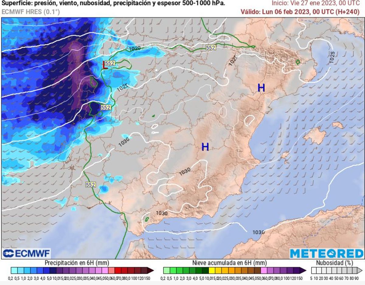 Previsión del modelo ECMWF del Centro Europeo de Previsiones Meteorológicas a Plazo Medio para la noche del domingo